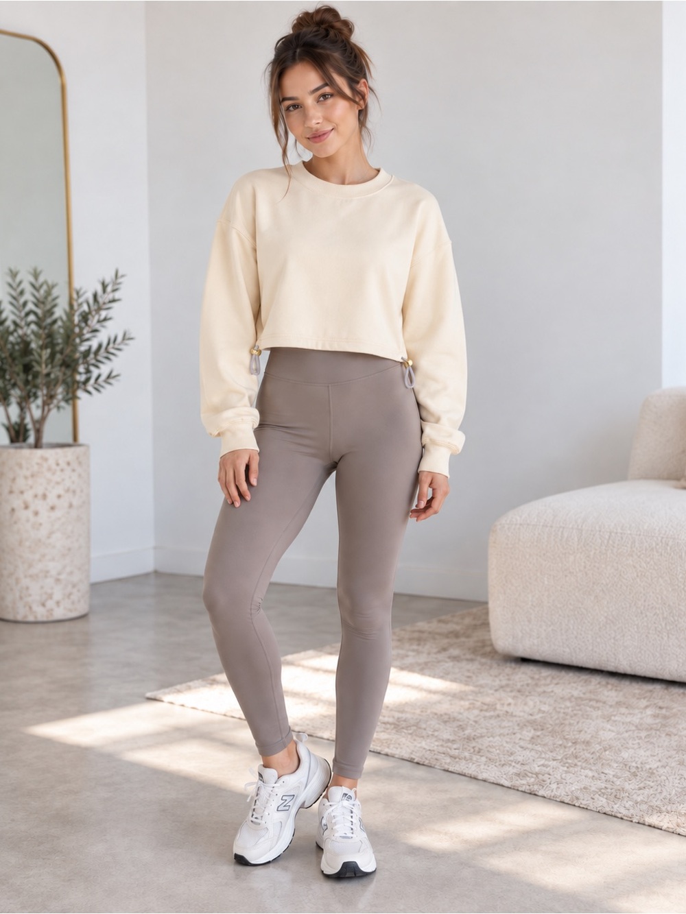 SUPESU NWT Cubby Cropped Crewneck Sweatshirt P1 Petite XS S Cream Drawstring Hem